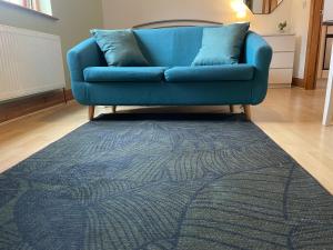 诺里奇Lovely Studio Apartment in the Center of Norwich的客厅里蓝色的沙发,蓝色的地毯