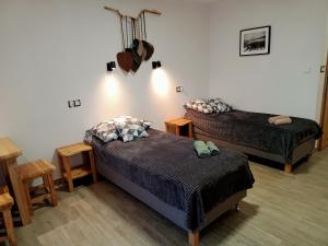 韦特利纳Wetlina Poza Trasą的卧室配有两张床,墙上配有一张桌子和吉他