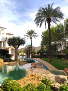 Muntanya la SellaLa casa de las Palmeras的棕榈树庭院内的游泳池