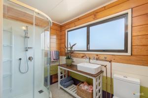 下哈特Comfort and Style in this Petone Townhouse的一间带水槽和窗户的浴室