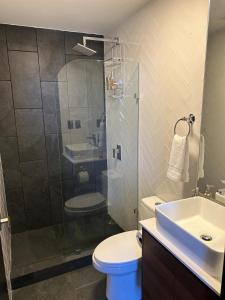 危地马拉EÓN 13 - Apto moderno con aire acondicionado的带淋浴、卫生间和盥洗盆的浴室