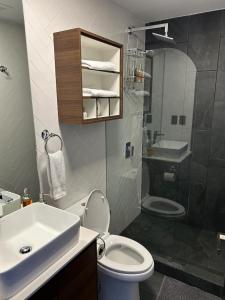 危地马拉EÓN 13 - Apto moderno con aire acondicionado的浴室配有卫生间、盥洗盆和淋浴。