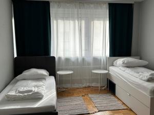 美因河畔法兰克福GoetheApartment的一间卧室设有两张单人床和一个窗户。