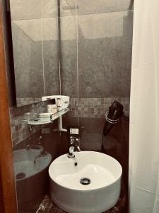 罗马Rosa Italia Hotel Roma的浴室配有白色水槽和浴缸。
