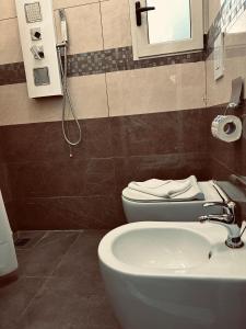 罗马Rosa Italia Hotel Roma的一间带卫生间和水槽的浴室