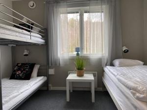 VallstaÅsbergbo Vandrarhem的一间卧室设有两张床、一张桌子和一个窗口