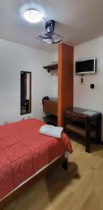 皮斯科Hostal El Candelabro的一间卧室配有一张床、一张书桌和一台电视