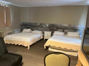 泰勒博恩Motel la siesta de gascon的一间卧室配有两张床、一把椅子和电视