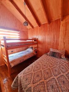 富特罗诺Cabañas Villa Elfo的小屋内设有一间带两张双层床的卧室