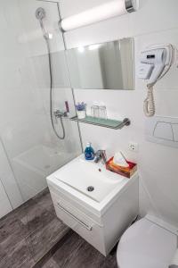 因河畔诺伊豪斯Apparthotel Alte Innbrücke-24Std-Self-Check In的带淋浴和盥洗盆的白色浴室