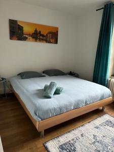 蒙特勒Chambre double vue lac Montreux centre的卧室内的一张带两个枕头的床