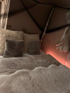 奥斯特菲尔登Wikinger Apartment Felicia的帐篷内的一张带枕头和被子的床