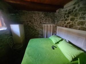 UsellusCasa di Pietra的一间石墙内带绿色床的卧室
