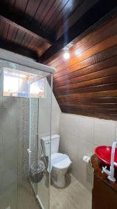 贝卢港Chale Bombinhas/Borto Belo的一间带卫生间和玻璃淋浴间的浴室