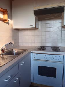 兰克韦尔Ländlezimmer的厨房配有蓝色炉灶和水槽