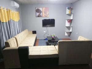 利文斯顿Ramachi apartments的客厅配有2张白色沙发和电视