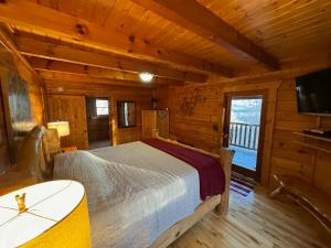 鸽子谷Smoky Paws - 5-star Cabin, Stunning Mountain Views, New Hot Tub, Tranquil, Gigabit Internet, Free L2 EV的小木屋内一间卧室,配有一张床