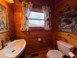 鸽子谷Smoky Paws - 5-star Cabin, Stunning Mountain Views, New Hot Tub, Tranquil, Gigabit Internet, Free L2 EV的一间带水槽和卫生间的浴室以及窗户。