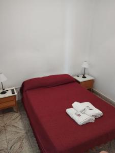 内科切阿Hotel Parque的一间卧室配有红色的床和两条白色毛巾