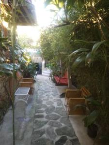 PétionvilleLes Residences Etang Du Jonc的花园设有椅子和种有植物的石头路径
