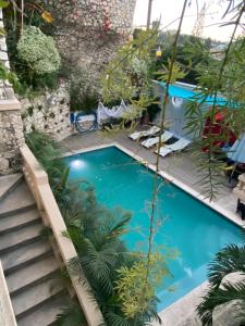 PétionvilleLes Residences Etang Du Jonc的后院的游泳池,有楼梯和植物