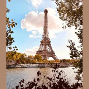 布西圣乔治Studio H&M: chic*10 mins Disney*30 mins Paris*wifi的从河里可以欣赏到艾菲尔铁塔的景色