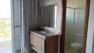 博图卡图Pousada Mandala Botucatu的一间带水槽、卫生间和镜子的浴室