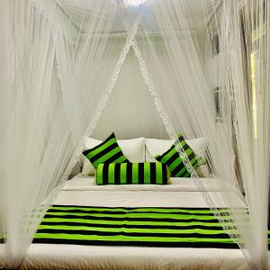 埃拉Ella South Star的一张带绿白色枕头的华盖床