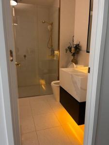 墨尔本Apartment in South Melbourne的带淋浴、盥洗盆和卫生间的浴室