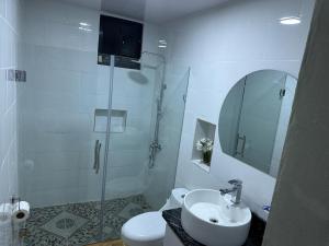 蒙特克里斯蒂省圣费尔南多Aparta Hotel Esa Buya的带淋浴、盥洗盆和卫生间的浴室