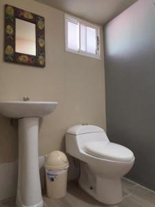 奎波斯城SelvaToSleep的一间带卫生间、水槽和镜子的浴室