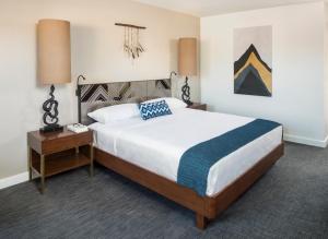 棕榈泉V Palm Springs的一间卧室配有一张大床和一个床头柜