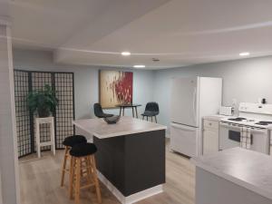 里贾纳Newly Renovated Suite的厨房配有白色冰箱和一些椅子