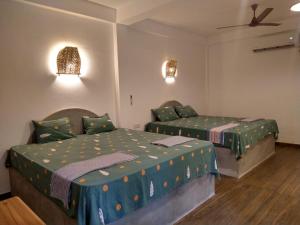 坦加拉All View Resort的一间卧室配有两张床和吊扇