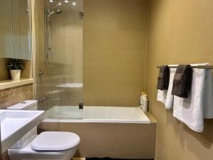 悉尼Cozy stylish home in Rhodes的带浴缸、卫生间和盥洗盆的浴室