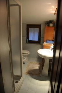 特雷维尼亚诺罗马诺萨巴提内斯公寓的带淋浴、盥洗盆和卫生间的浴室