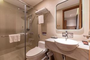 胡志明市Thanh Long Hotel - Bach Dang的一间带水槽、卫生间和镜子的浴室