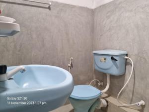 韦利格默Koala Homestay的浴室设有蓝色的卫生间和水槽。