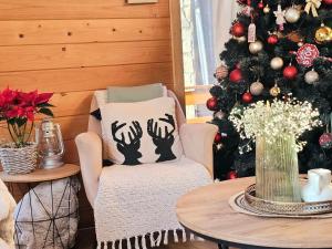 科拉欣Monte Chalet Kolašin的客厅配有圣诞树和椅子