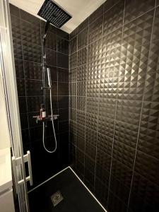 波城VILLA GABY ~ Jardinet ~ hyper-centre的浴室设有黑色瓷砖淋浴。