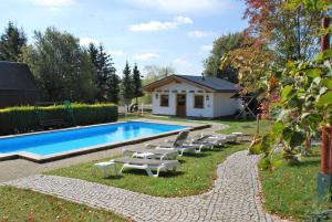 MarkneukirchenHotel Alpenhof的一座房子旁带躺椅的游泳池
