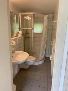 LöderupSandhammaren ,skåne的一间带水槽、卫生间和淋浴的浴室