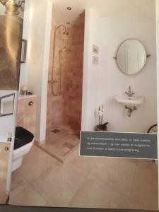 赫斯霍尔姆Eksklusivt hus på 250 m2 i naturskønne omgivelser的带淋浴、卫生间和盥洗盆的浴室