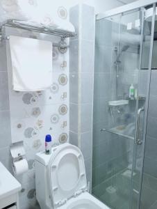 内罗毕Wanderstay kenya的一间带卫生间和玻璃淋浴间的浴室