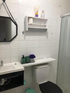 伊塔尼亚恩Apartamento Belas Artes Itanhaém的一间带卫生间、水槽和镜子的浴室
