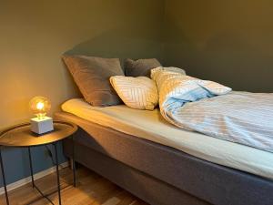 哈山Pellestova Apartments的一张带枕头的床和边桌