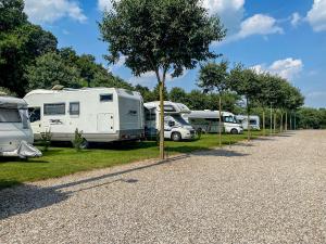 蒙赞巴诺Seregnér Agricamping - Adults Only 18 - solo piazzole libere per camper, tende e roulotte的连续停泊的一排rvs