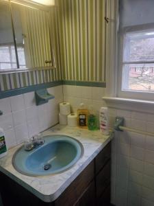 弗雷德里克Family Cozy House的浴室设有蓝色水槽和镜子