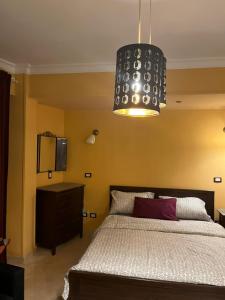 开罗Heliopolis Rock Residence的一间卧室配有一张床和一个吊灯