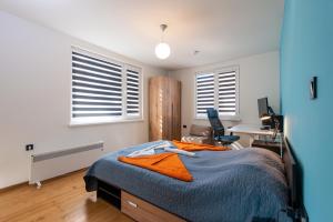 代温DevIn Coworking & Coliving的一间卧室配有一张床、一张书桌和两个窗户。